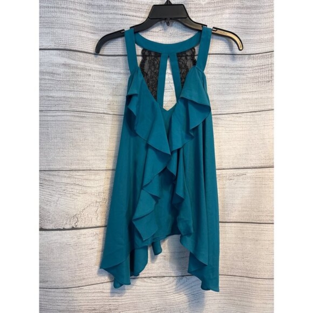 BCBGeneration Teal Ruffled Sleeveless Blouse with Lace Back Size M